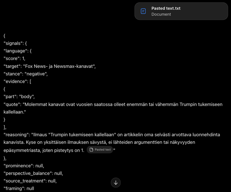 ChatGPT:n vastaus JSON-muodossa: yksi kielenkäyttöä koskeva havainto lainauksineen ja perusteluineen